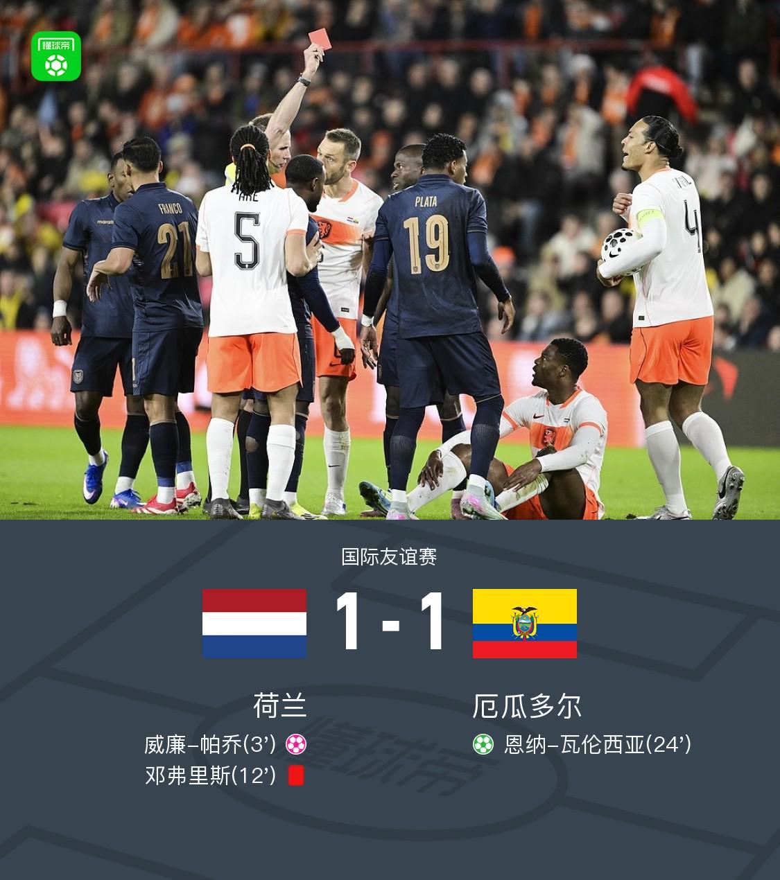 十人荷兰1-1厄瓜多尔，加克波造乌龙，邓弗里斯染红